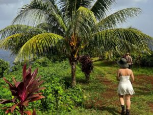 Woman walking down trail overlooking ocean